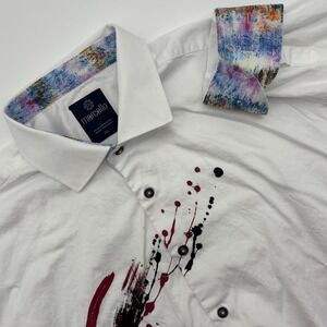 Marcello XXL White Dress Shirt Abstract Paint Splatter Colorful Flip Cuff